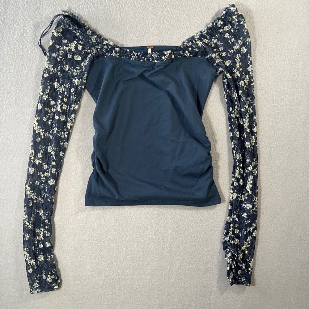 Free People  josie Navy Blue Floral Lace Long Sleeve off shoulder Top XS